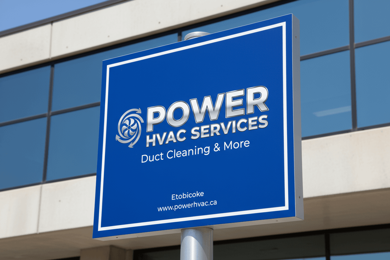 A blue board showing Duct Cleaning Etobicoke Power HVAC Services.