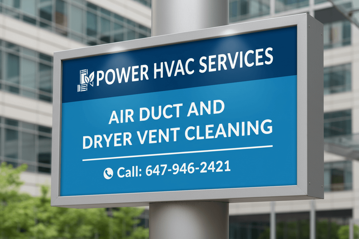 A blue board showing display of Air Duct and Dryer Vent Cleaning by highlighted Power HVAC Services Call: 647-946-2421