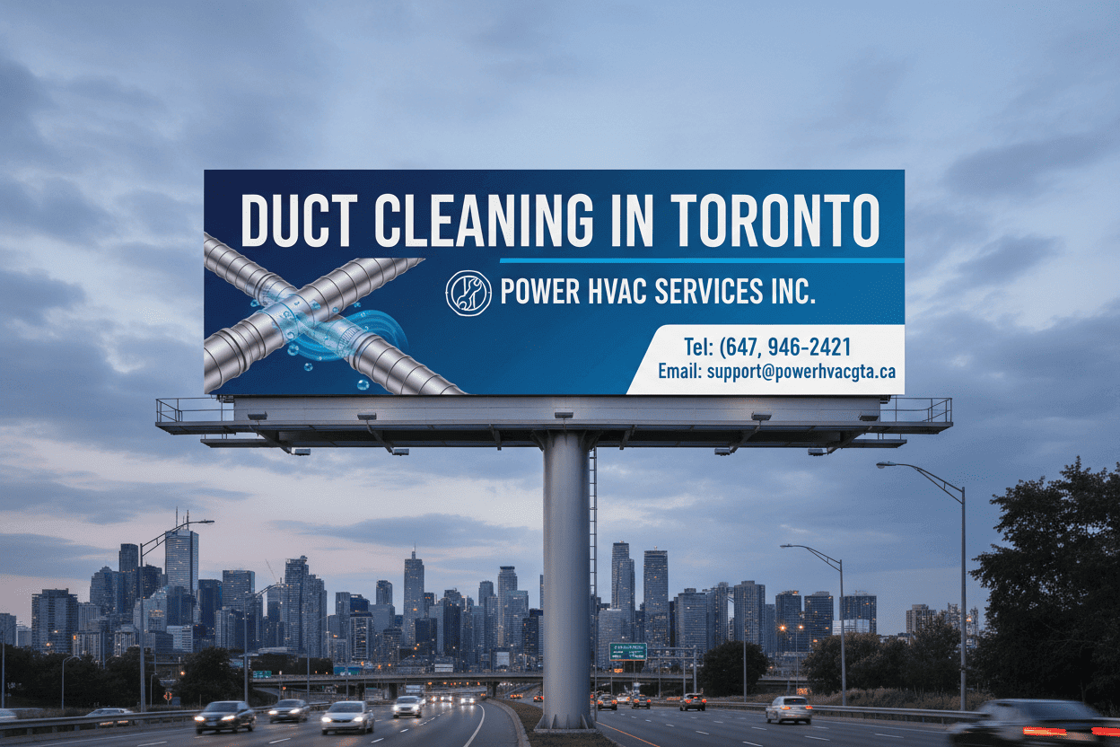 Billboard advertising duct cleaning in Toronto city with city skyline in the background.