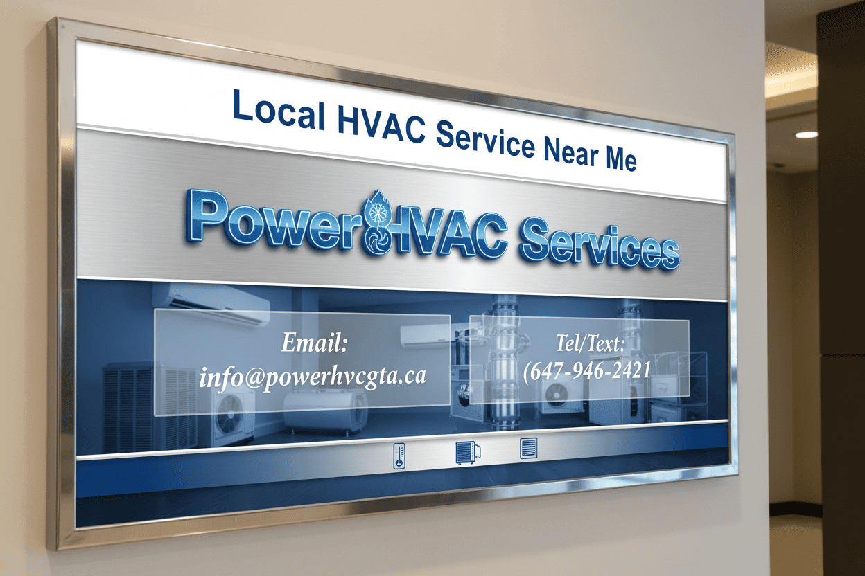 Promotional sign for Local HVAC Service Near Me with contact information on a wall.