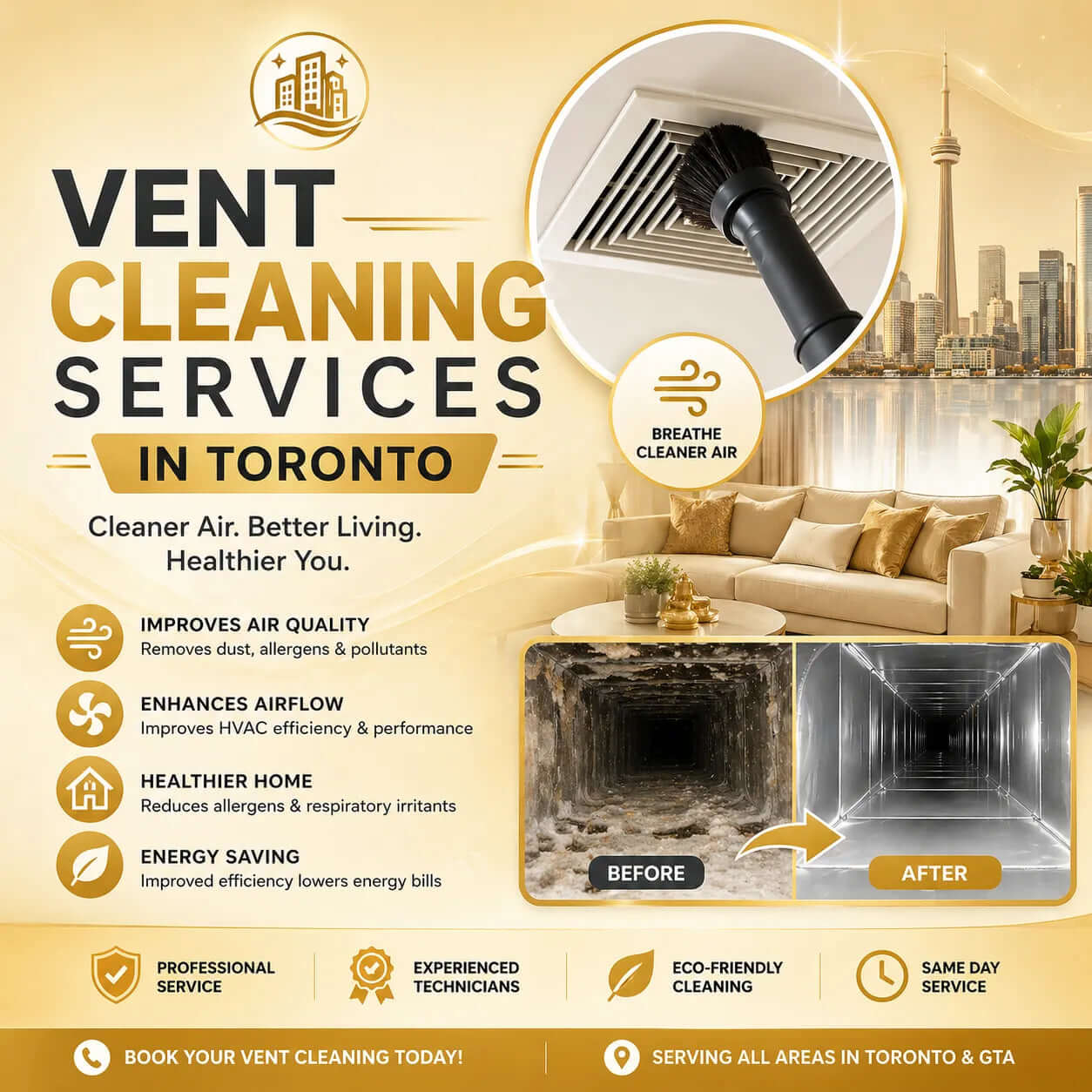 Advertisement for vent cleaning services in Toronto with before and after images of a duct system.
