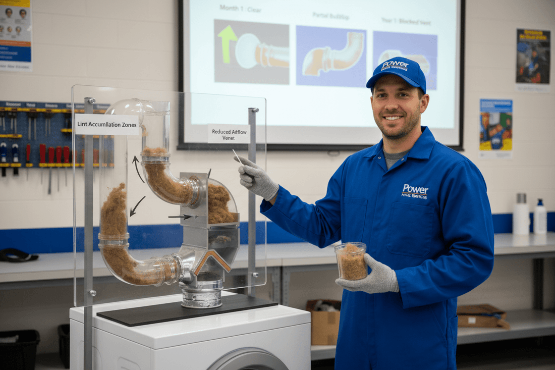 A Technician showing Relation Between Dryer and Lint Buildup