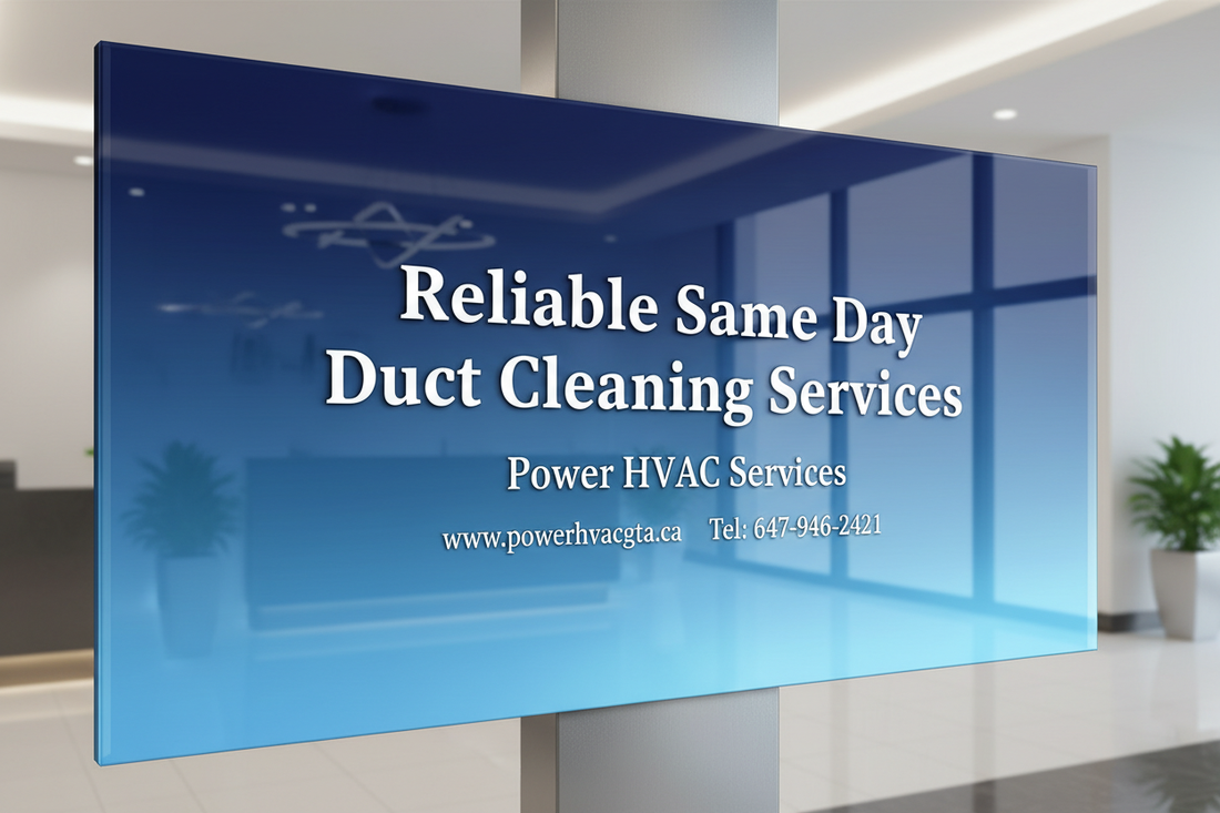 A blue display showing Reliable Same Day Duct Cleaning in Peel Region