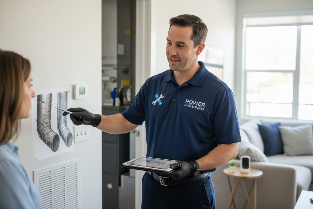 Power HVAC Services technician explain home owner why Air Duct Cleaning for Homes is required.