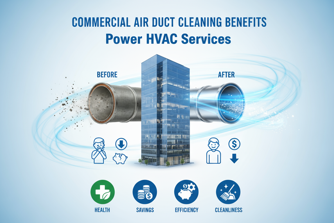 A board by Power HVAC Services showing commercial air duct cleaning benefits.