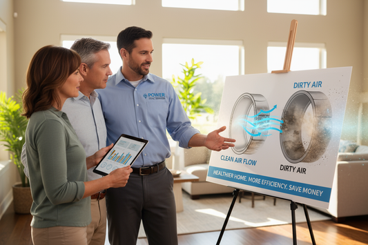 Power HVAC Services technician explaing home owners the importance of regular air duct cleaning for homeowners.