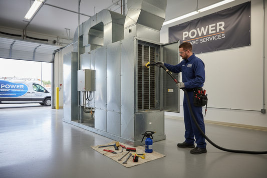 Technician showing Importance of Make-up Air Unit and Fresh Air shaft Cleaning