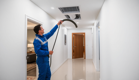 A technician cleaning Fresh Air Shaft of a condominium building.