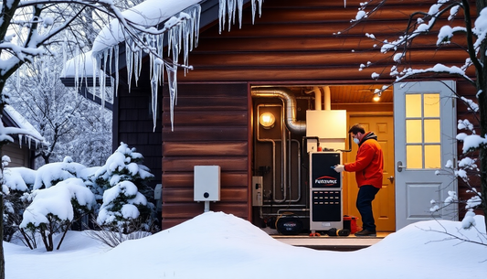 Image showing snow fall, a person in the house turning on his furnace after furnace deep cleaning performed by Power HVAC Services.