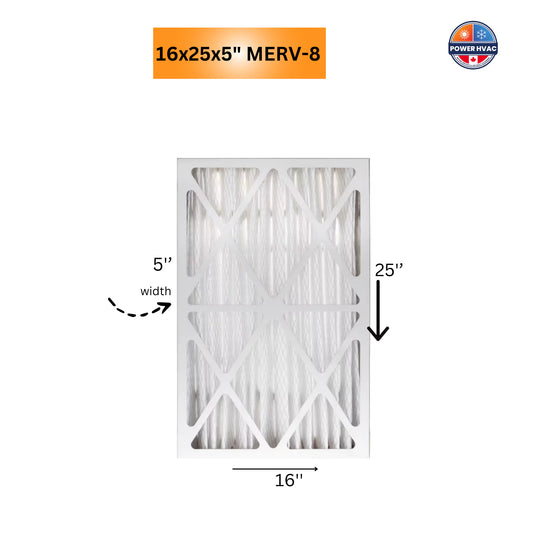 Image showing Furnace Filters 16x25x5 MERV-8 image and its dimensions. Power HVAC offer free delivery for filters.