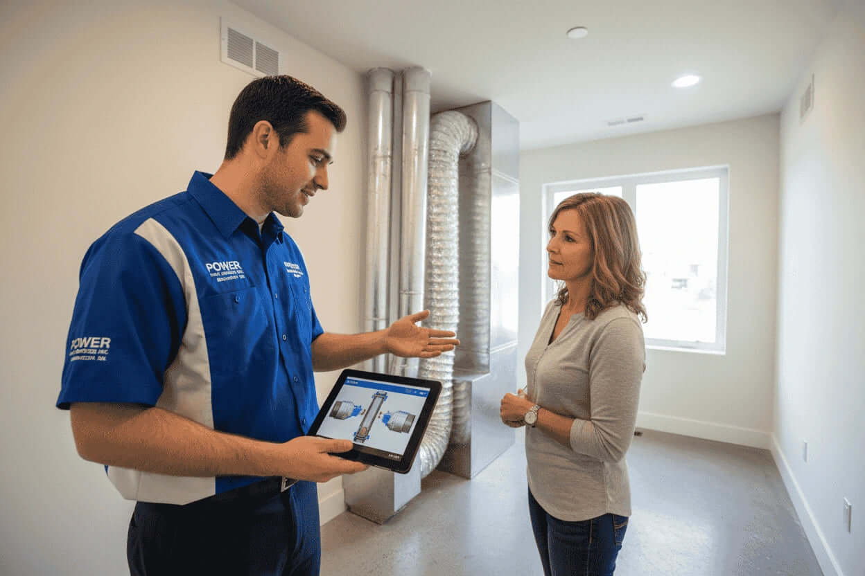 Person in a blue shirt with a tablet explaining 7 steps duct cleaning process of Power HVAC Services