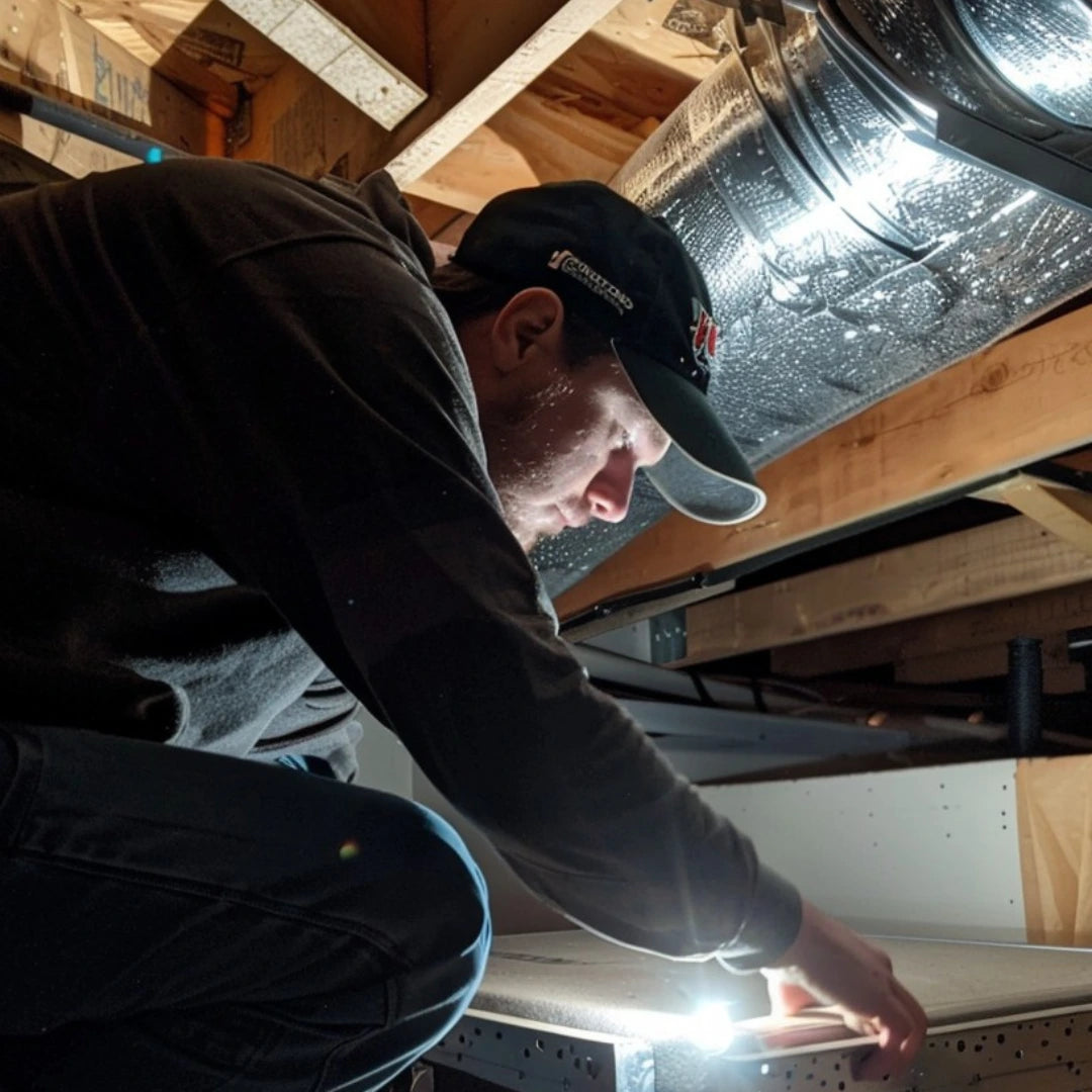 Power HVAC Services technician is examining Ductwork with a bright flashlight. People trust us for duct cleaning services Mississauga.