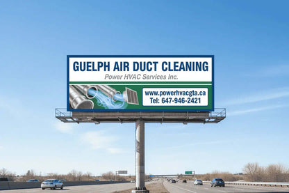 Billboard for Guelph Air Duct Cleaning on a highway with clear blue sky.