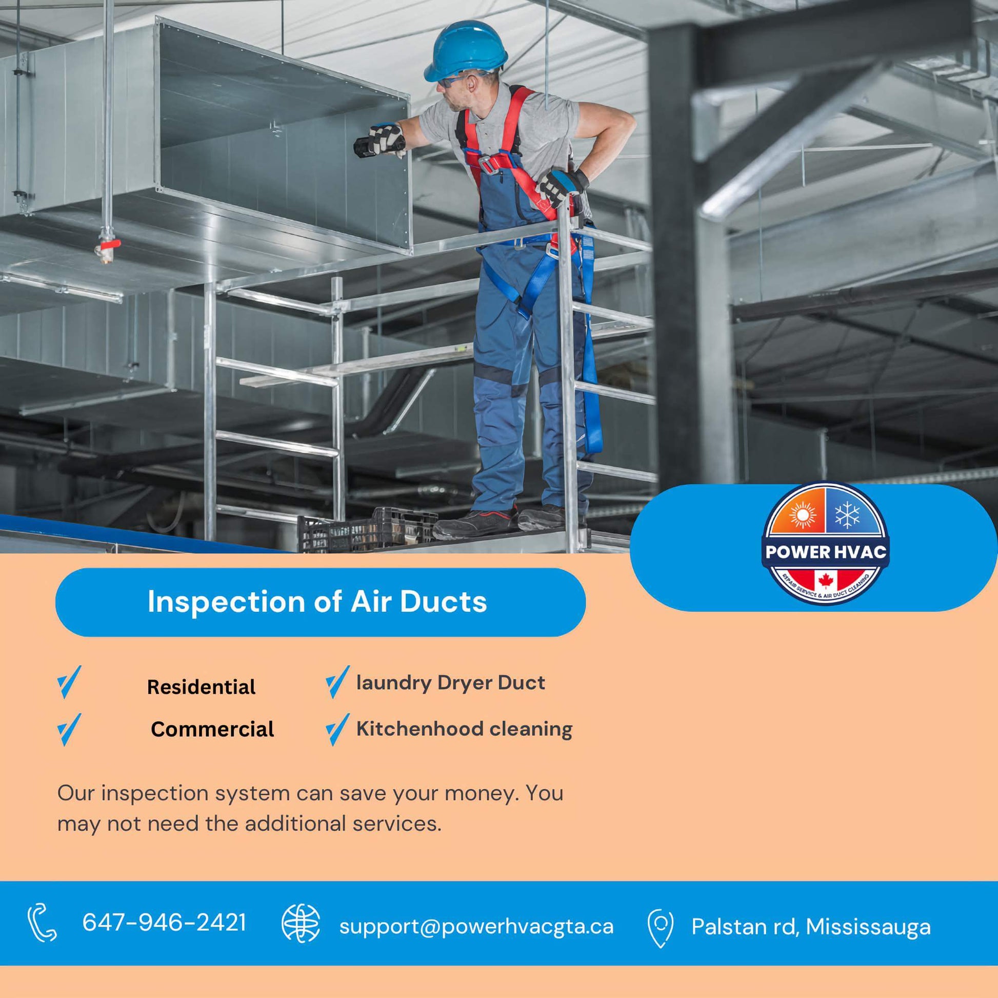 Inspection of air ducts performed by Power hvac services technician standing on scafold. Technician is in blue construction gem dress and inspecting duct with the help of a flash light.