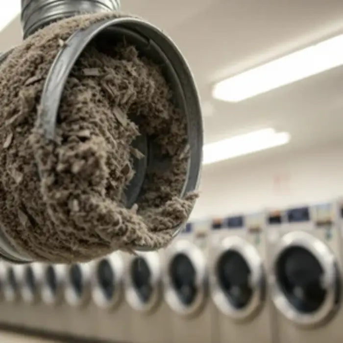 Laundromat dryer duct full of lint buildup. Power HVAC Services are expert in cleaning lint buildup in Laundromat.