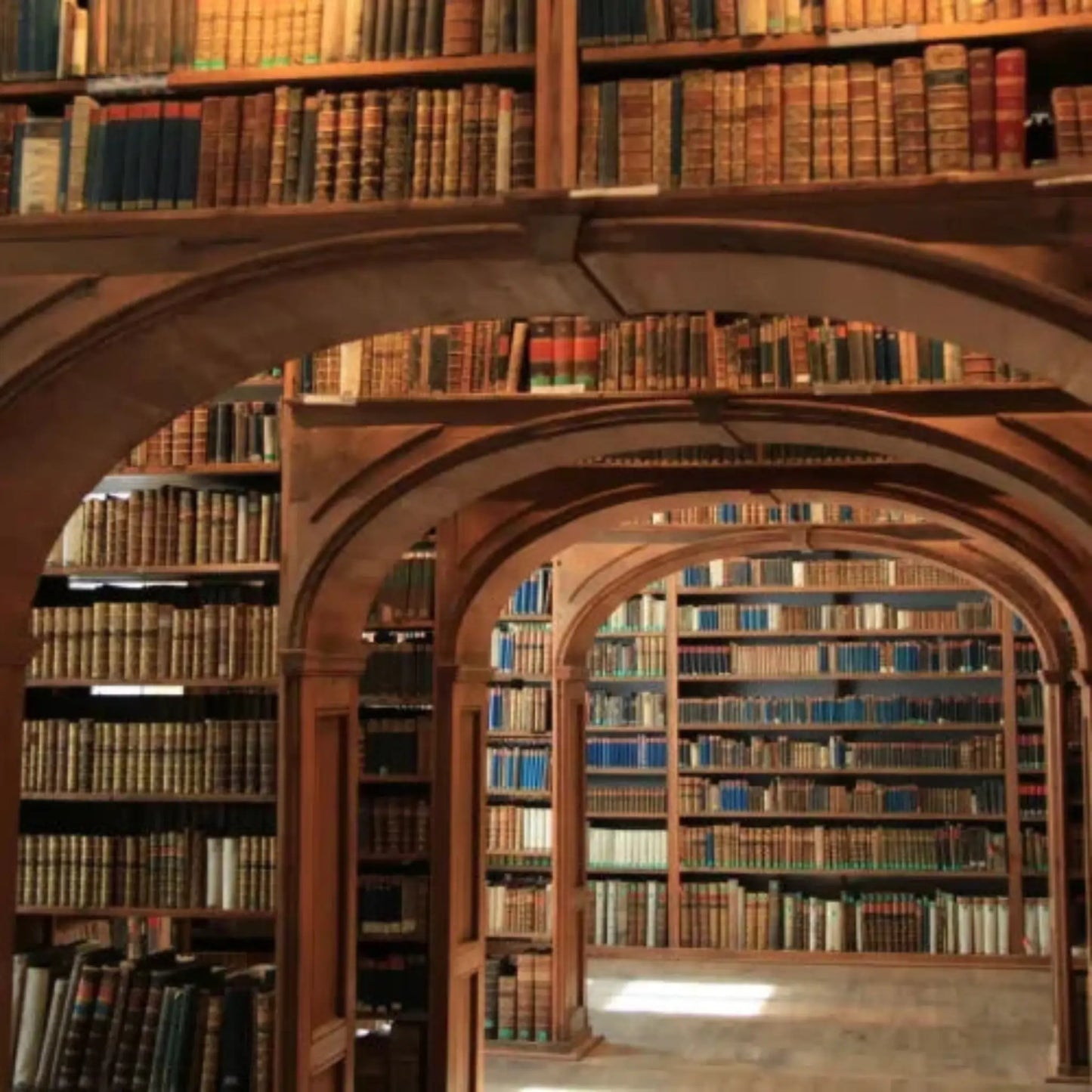 A library with wooden arches and shelves of old books exudes a cozy, scholarly vibe, meticulously maintained with the aid of Power HVAC Services Commercial Air Duct Cleaning of libraries.