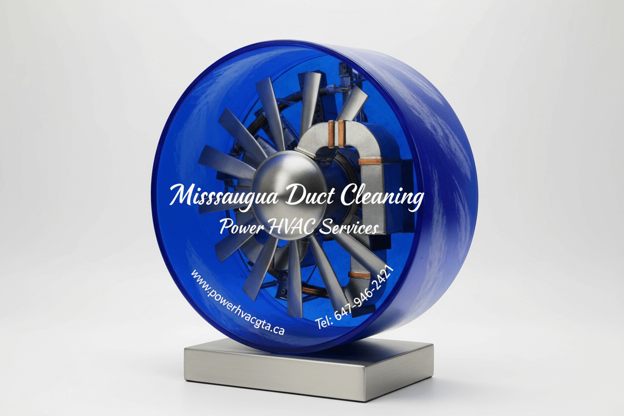 Blue image showing Mississauga duct cleaning company with an image of duct and fan