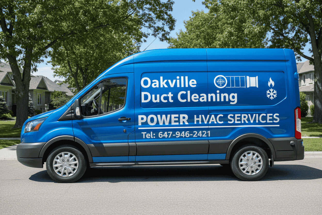 Professional Air Duct Cleaning Services in Oakville Blue HVAC services van with branding on a residential street