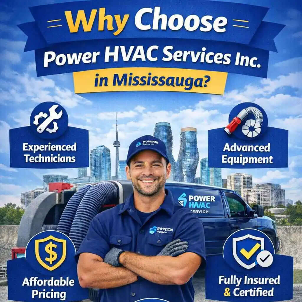 Showing Choose Power HVAC Services in Mississauga in a Promotional image for HVAC services with a technician and city skyline in the background 