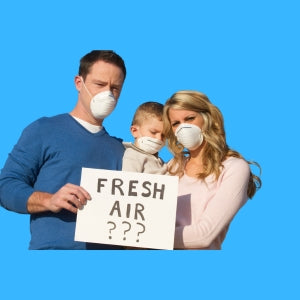 Blue background image of a family showing a board of fresh air. Tips to improve air quality explained by Power HVAC Services.