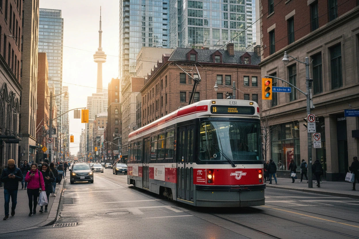 City street with a red and white bus, tall buildings, and pedestrians. Air Duct Cleaning Across Toronto