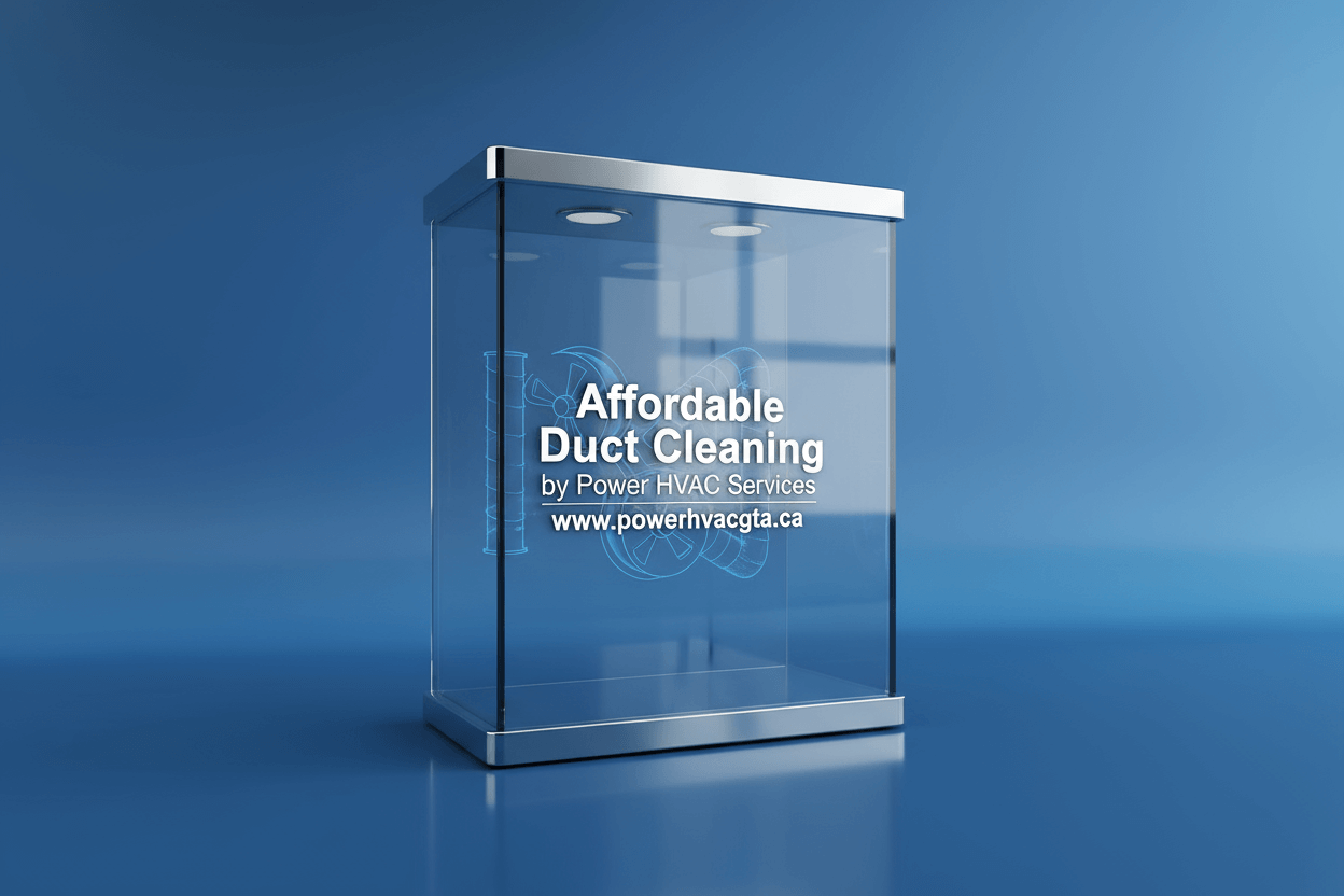 Clear glass box with 'Affordable Duct Cleaning near me by Power HVAC Services' text on a blue background