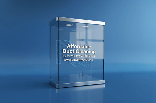 Clear glass box with 'Affordable Duct Cleaning near me by Power HVAC Services' text on a blue background