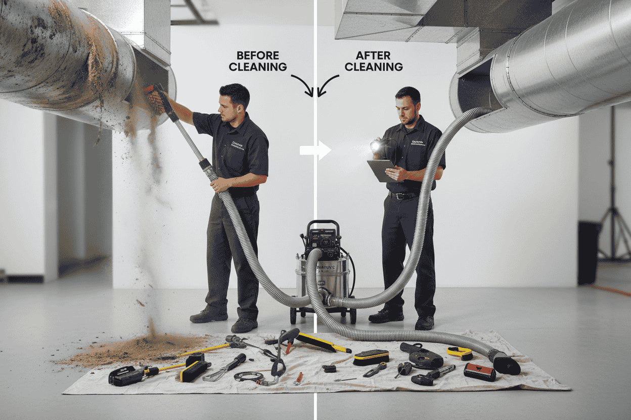Before and after cleaning comparison of a person using a cleaning tool on a duct system and explaining Air Duct Cleaning Process in Toronto