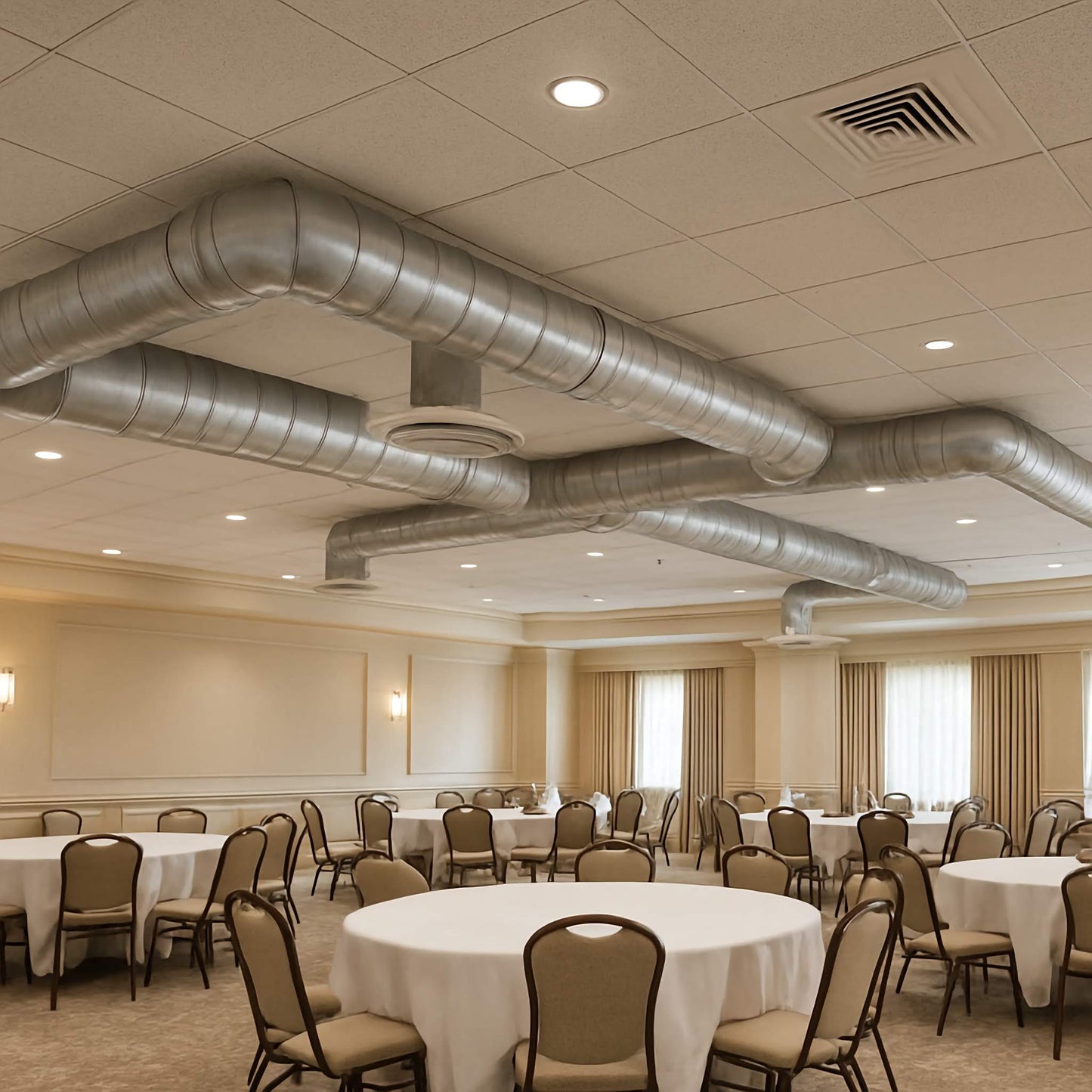 Commercial HVAC & Air Duct Cleaning,  Commercial Air Duct Cleaning Conference room with round tables, chairs, and visible ductwork on the ceiling. Duct cleaning of banquet hall offered by Power HVAC Services.