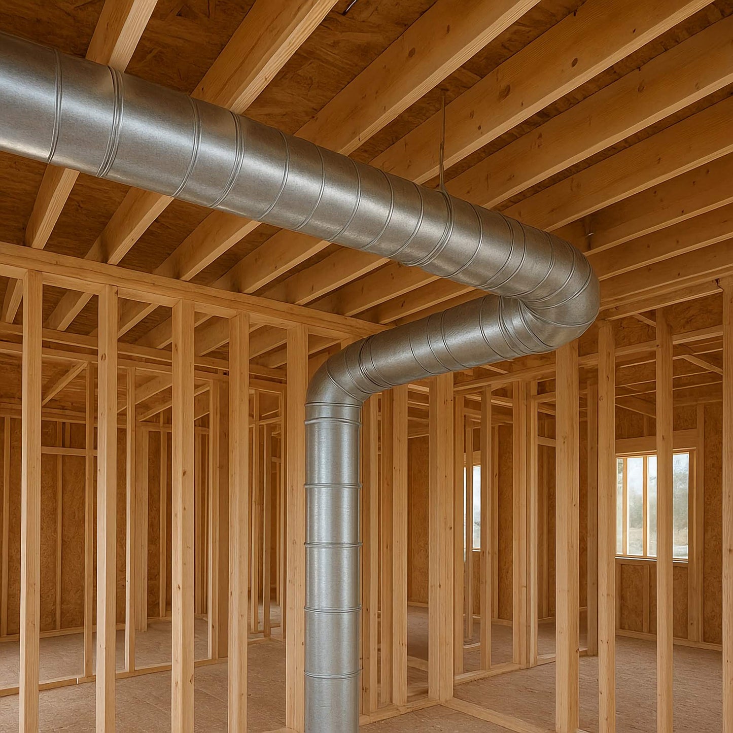 Commercial HVAC & Air Duct,  Commercial Air Duct Cleaning Cleaning Silver duct running through a wooden framed room. Air duct cleaning of under construction property offered by Power HVAC Services.