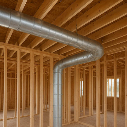 Commercial HVAC & Air Duct,  Commercial Air Duct Cleaning Cleaning Silver duct running through a wooden framed room. Air duct cleaning of under construction property offered by Power HVAC Services.