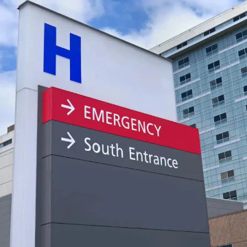 Hospital sign directs to Emergency and South Entrance, highlighting safety with Power HVAC Services Commercial Air Duct Cleaning for state-of-the-art cleanliness.