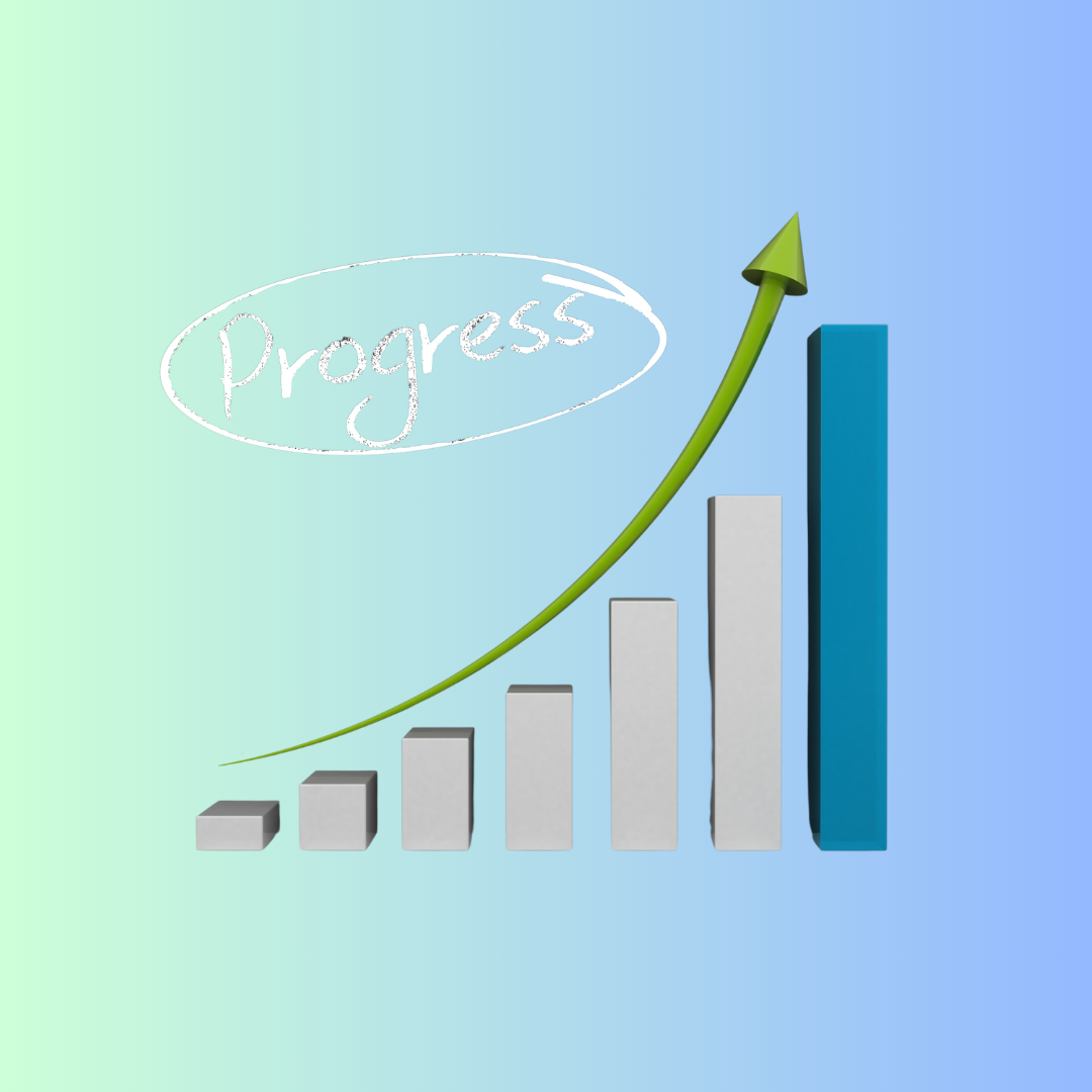 A bar chart with ascending columns and a green upward arrow. The word Progress is written above in white. Progress indicates improvemet in air quality after air duct cleaning by Power HVAC Services.