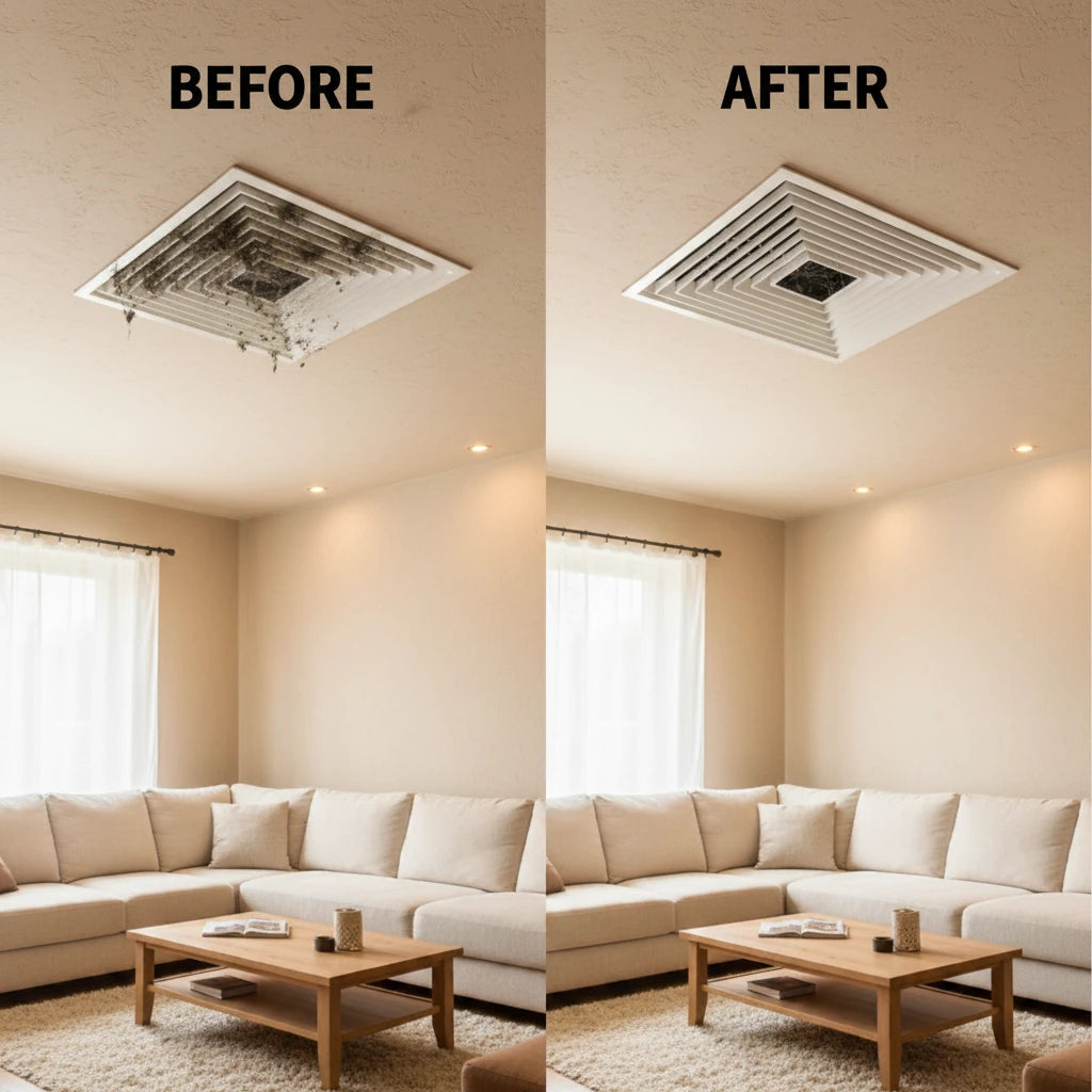 Before and after comparison of a duct cleaning job in a living room.