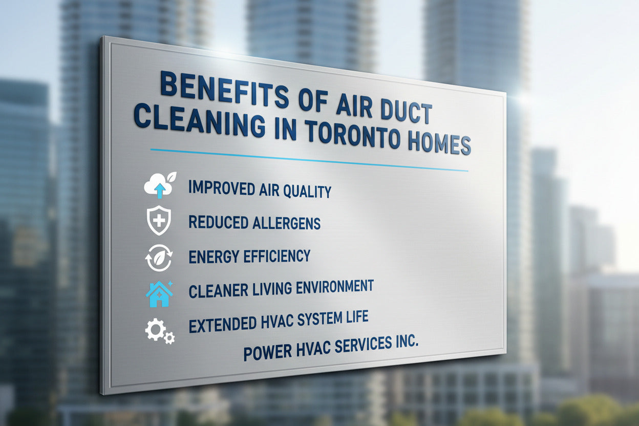 Signboard listing benefits of air duct cleaning in Toronto homes with a blurred cityscape background by Power HVAC Services Inc.