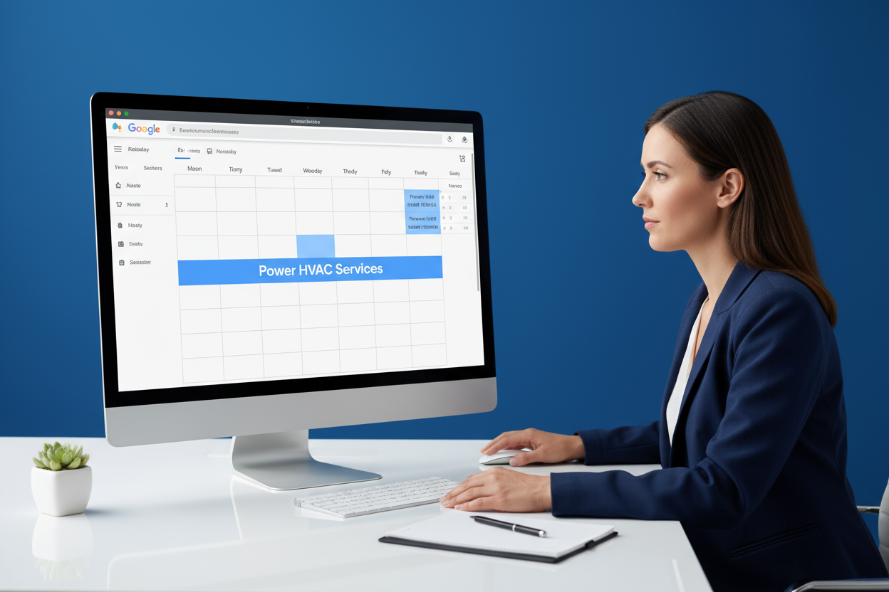 Blue color background displaying big computer screen lady checking google calender of highlighted Power HVAC Services