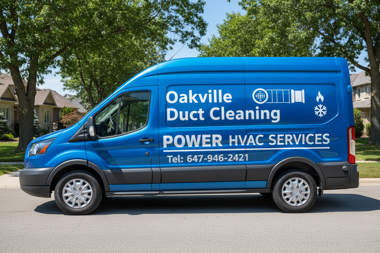 Blue HVAC service van with branding on a residential street