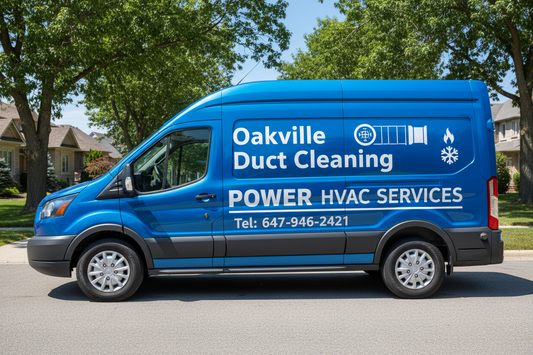 Blue HVAC service van with branding on a residential street