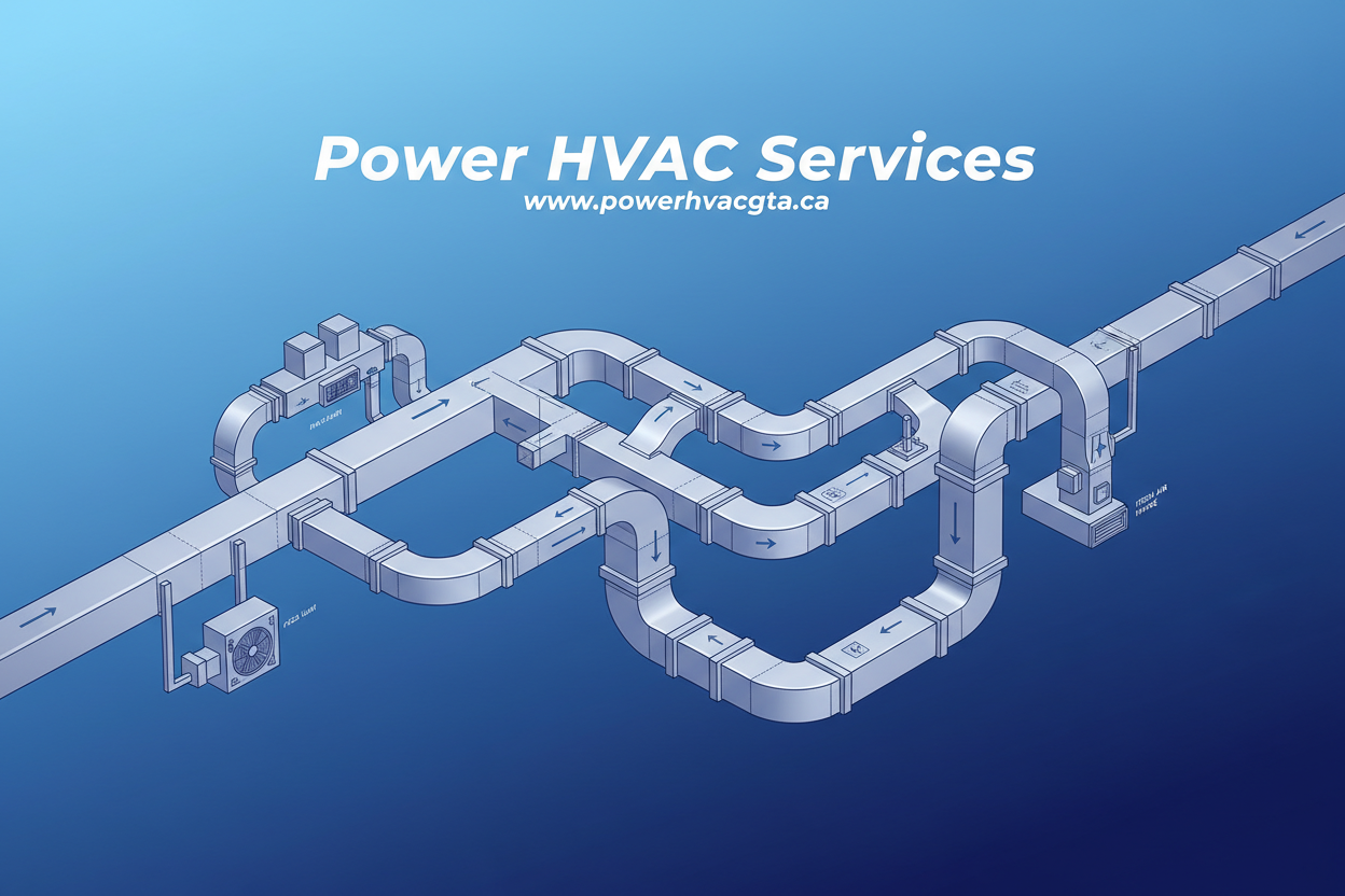 blue gradiant background showing duct work layout highted Power HVAC Services www.powerhvagta.ca