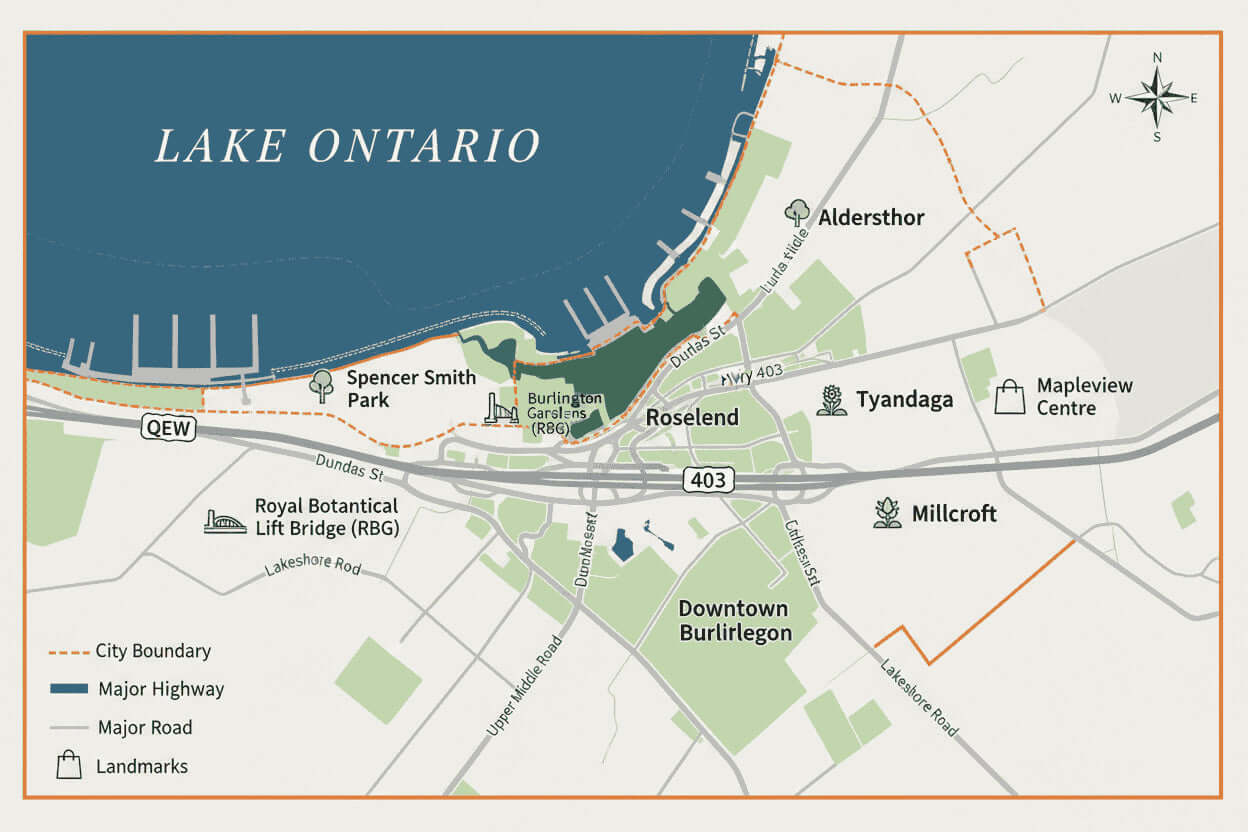 Duct cleaning services in neighbourhood of burlington  with Lake Ontario, roads, and landmarks labeled