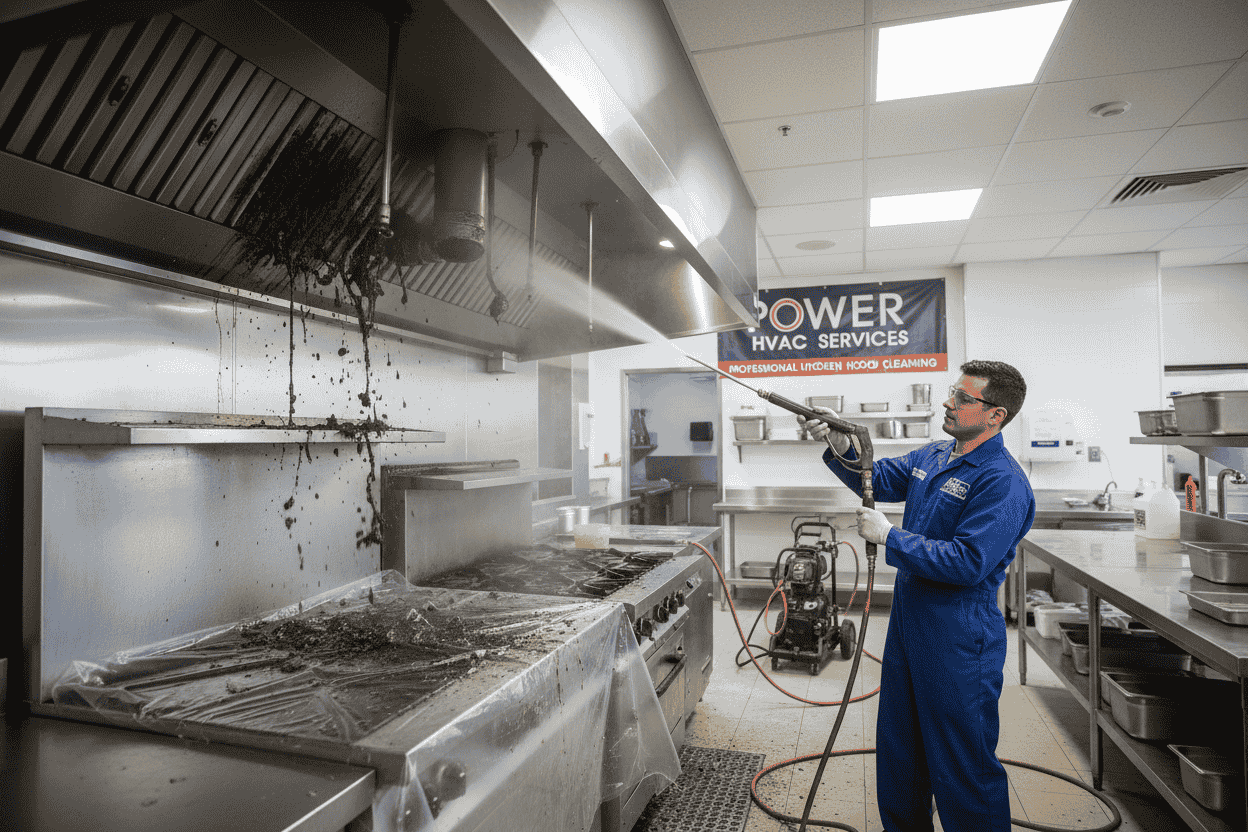 Commercial kitchen hood cleaning by power hvac services inc. technician
