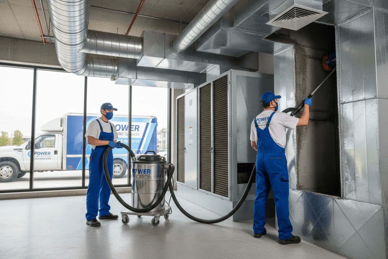 Complete HVAC cleaning solutions by Two Power HVAC Services workers in blue overalls cleaning ductwork in a commercial building.