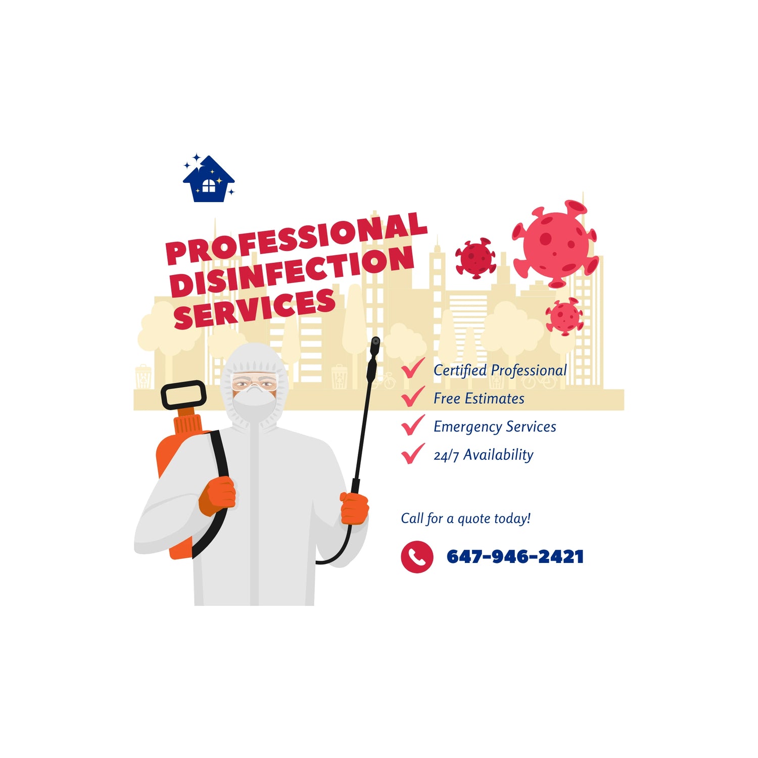 Illustration of a person in a hazmat suit with cleaning equipment and virus icons. Text reads: Professional Disinfection Services, listing certified professionals, free estimates, and 24/7 availability.