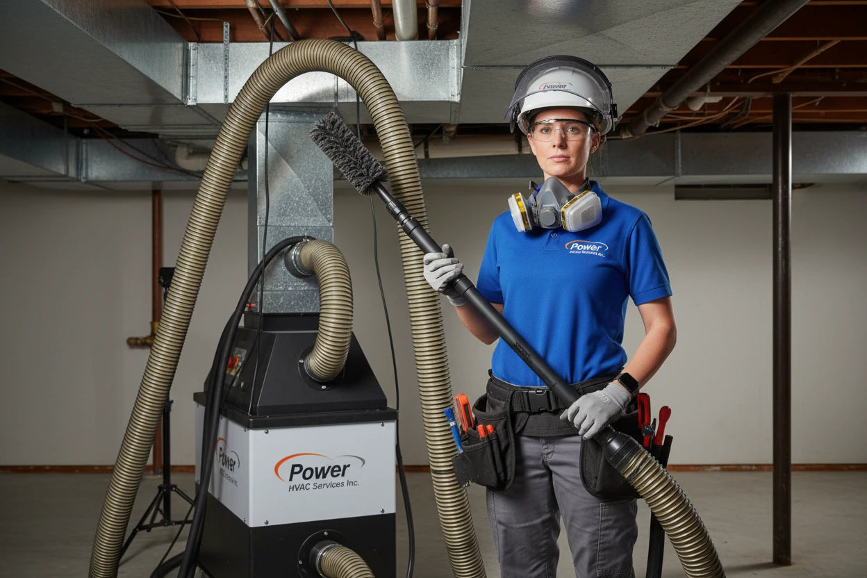 Person in a blue shirt and safety gear holding a large vacuum cleaner in an unfinished room explaining Why Choose Our Toronto Duct Cleaning Experts