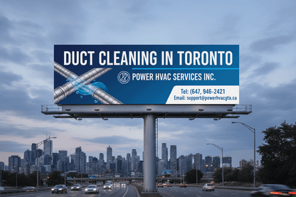 Billboard advertising duct cleaning in Toronto with city skyline in the background.
