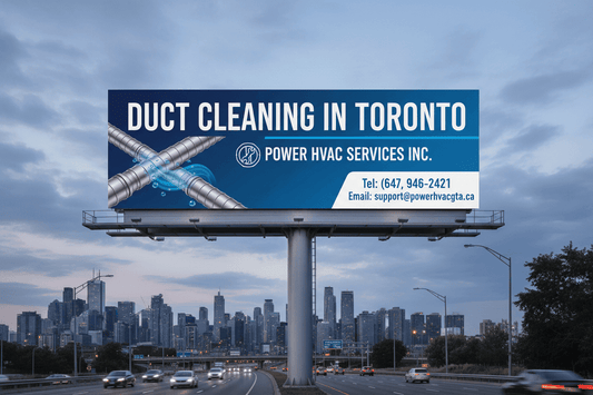 Billboard advertising duct cleaning in Toronto with city skyline in the background.
