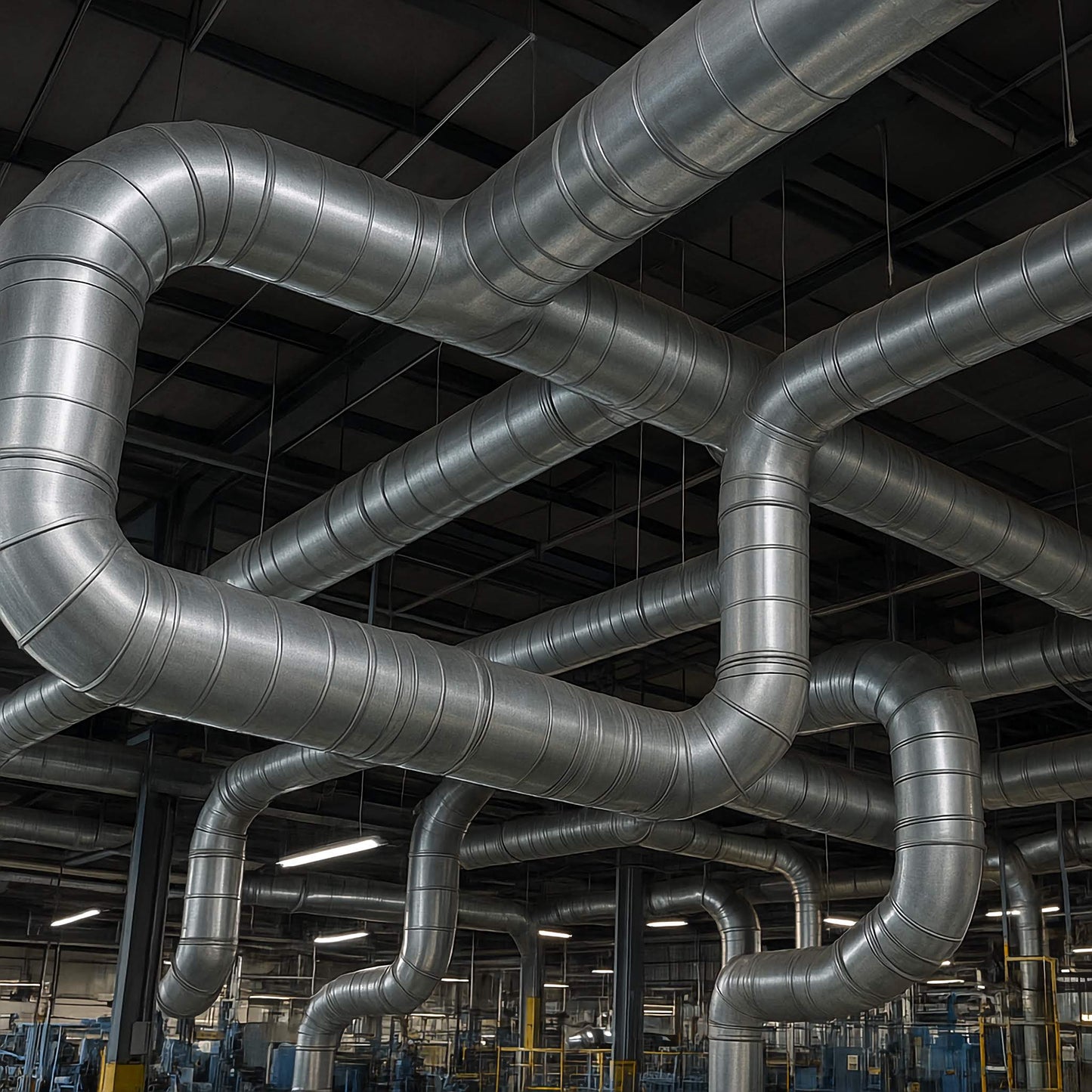 Commercial HVAC & Air Duct Cleaning Complex network of metallic pipes in an industrial setting. Factory duct cleaning performed by Power HVAC Services. Commercial Air Duct Cleaning