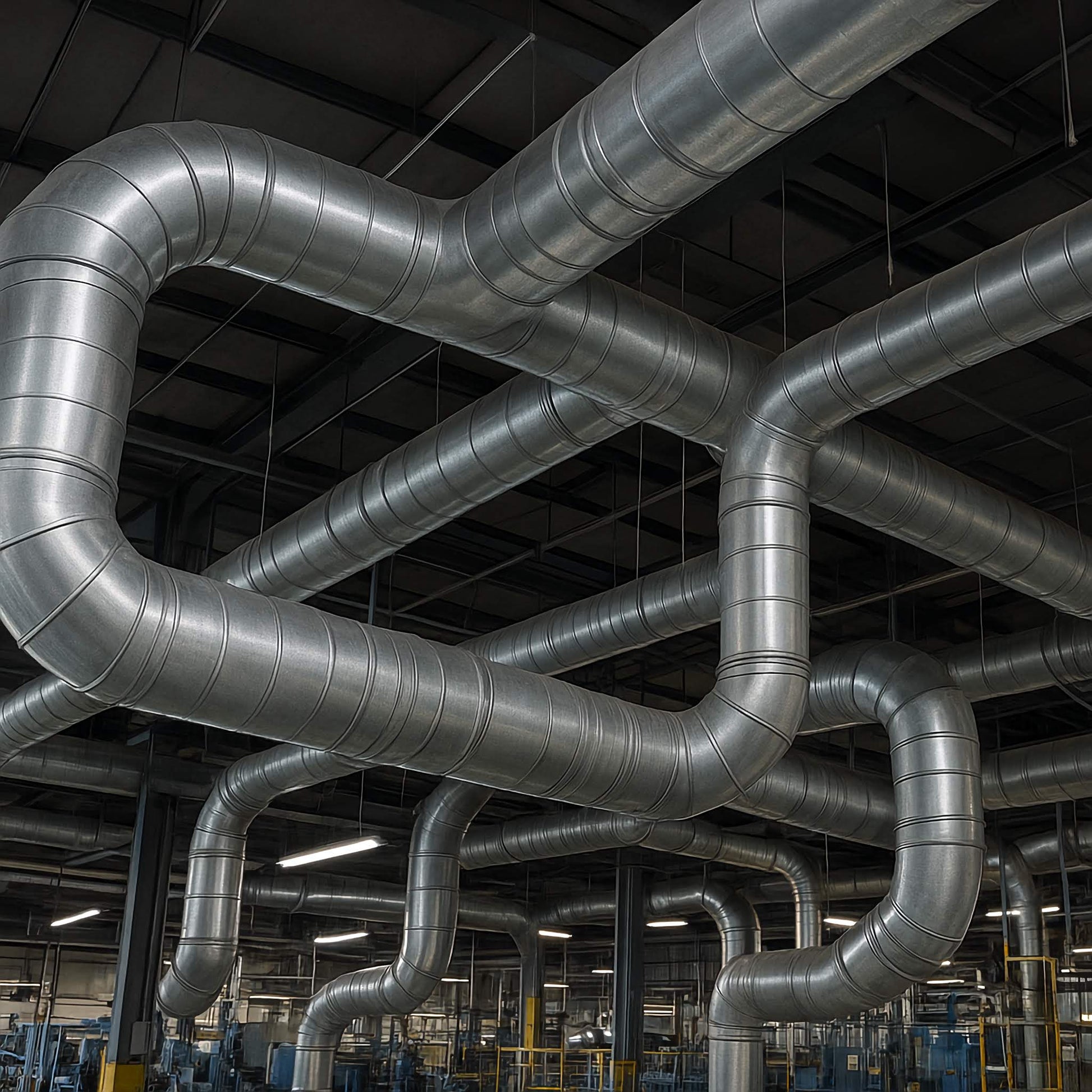 Commercial HVAC & Air Duct Cleaning Complex network of metallic pipes in an industrial setting. Factory duct cleaning performed by Power HVAC Services. Commercial Air Duct Cleaning