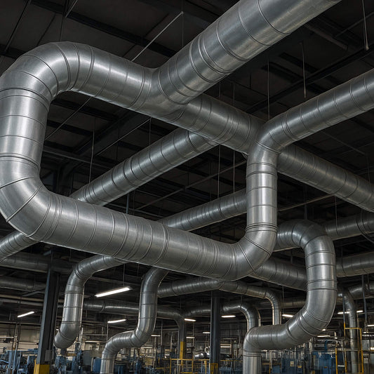 Commercial HVAC & Air Duct Cleaning Complex network of metallic pipes in an industrial setting. Factory duct cleaning performed by Power HVAC Services. Commercial Air Duct Cleaning