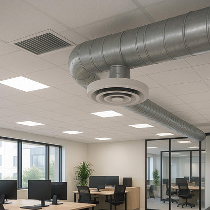 Commercial HVAC & Air Duct Cleaning Modern office interior with ceiling. Ductwork, vents, diffusers  and office furniture  Commercial Air Duct Cleaning cleaned by Power HVAC Service.